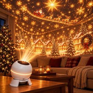 A white projector on a table casts a snowy Christmas village and Santa's sleigh onto a living room ceiling.