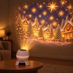 A white projector on a wooden table casts a glowing winter village with stars onto a living room wall.