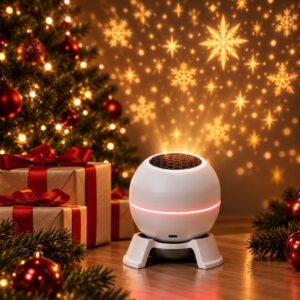 A white ball projector on a stand casts golden snowflakes on a wall beside a decorated Christmas tree.