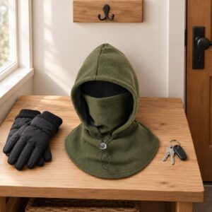 Olive green fleece balaclava hood with a cord toggle at the neck, placed on a wooden table beside black gloves and keys.