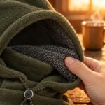 A hand touching the grey sherpa-lined inside of an olive green fleece hood with a black cord lock, with a steaming mug in the